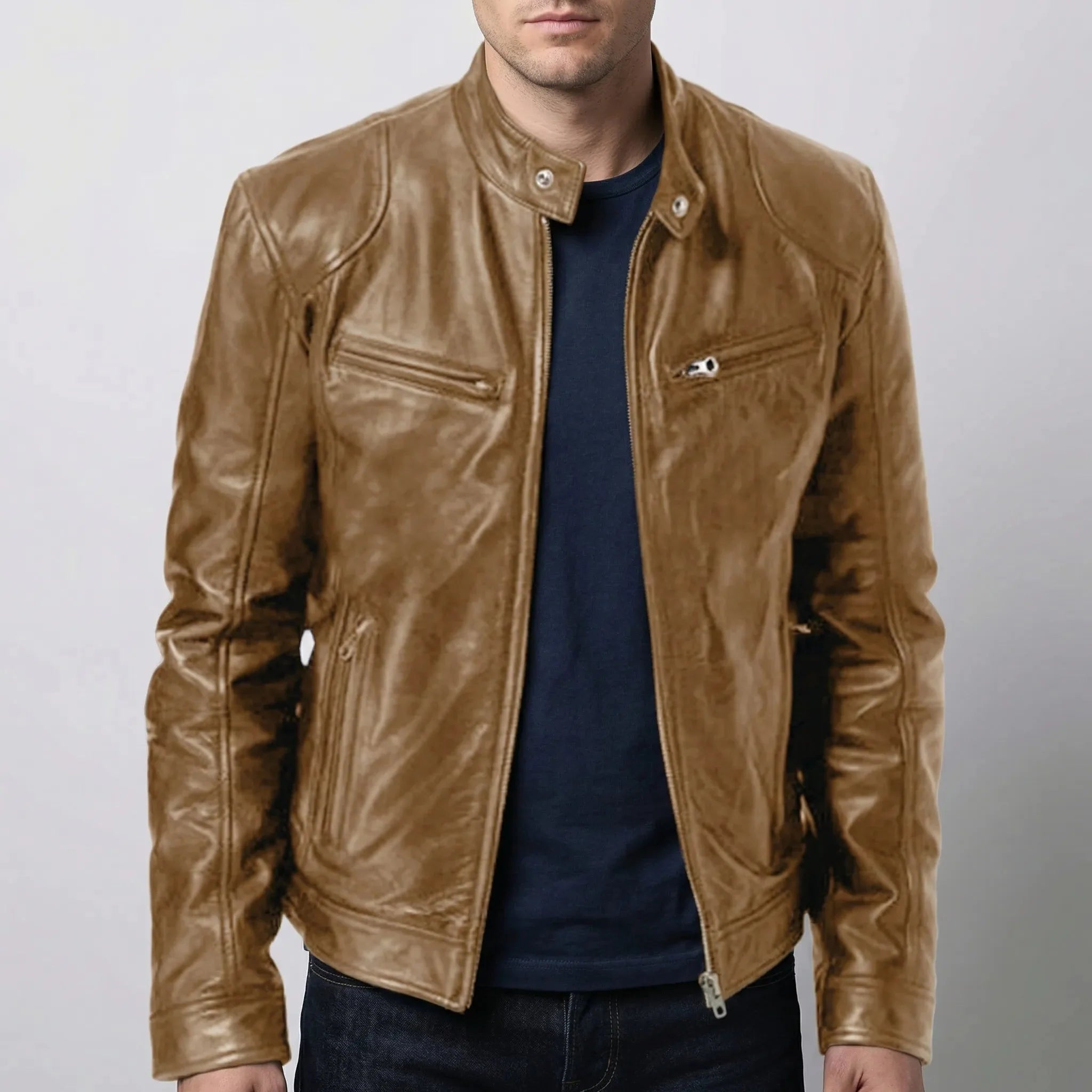 Edgy Leather Jacket for Men with Stand Collar Long Sleeve Zip Up Cafe Racer Moto Style