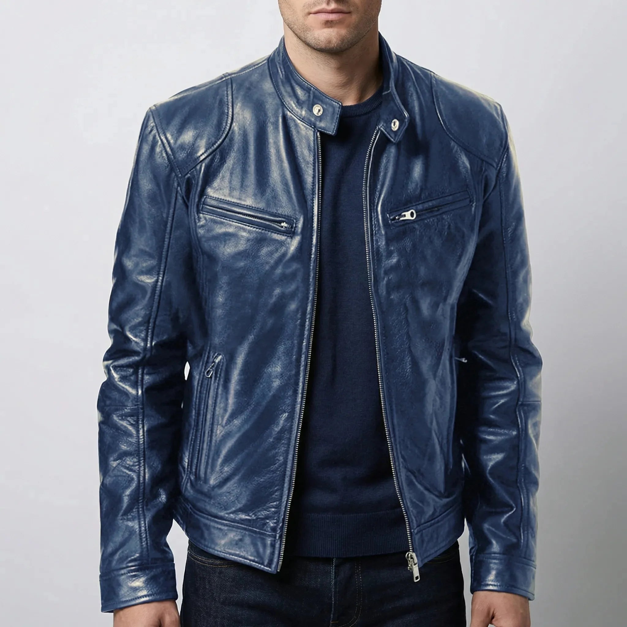 Edgy Leather Jacket for Men with Stand Collar Long Sleeve Zip Up Cafe Racer Moto Style