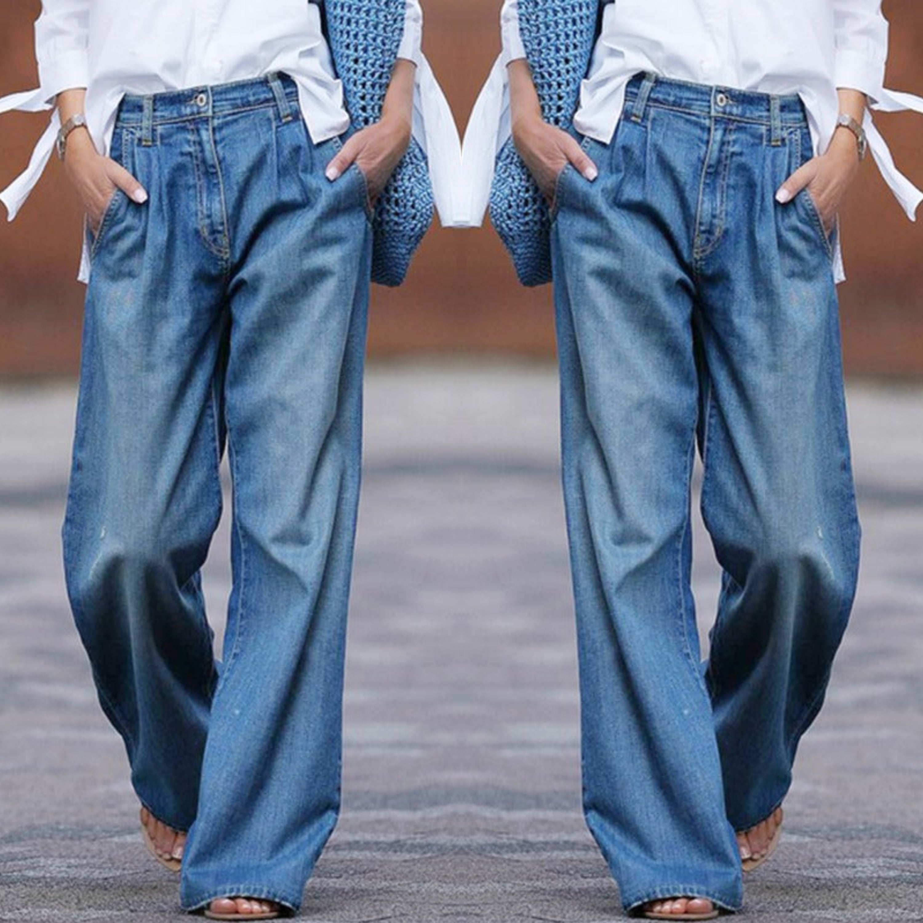 Effortless Blue Wide Leg High Waisted Jeans for Women with Pleated Front Relaxed Denim Casual Style