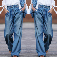 Effortless Blue Wide Leg High Waisted Jeans for Women with Pleated Front Relaxed Denim Casual Style