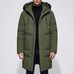 Cozy Long Puffer Jacket for Men with Faux Fur Hood Long Sleeve Zip Up Quilted Longline Style