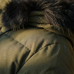 Cozy Long Puffer Jacket for Men with Faux Fur Hood Long Sleeve Zip Up Quilted Longline Style