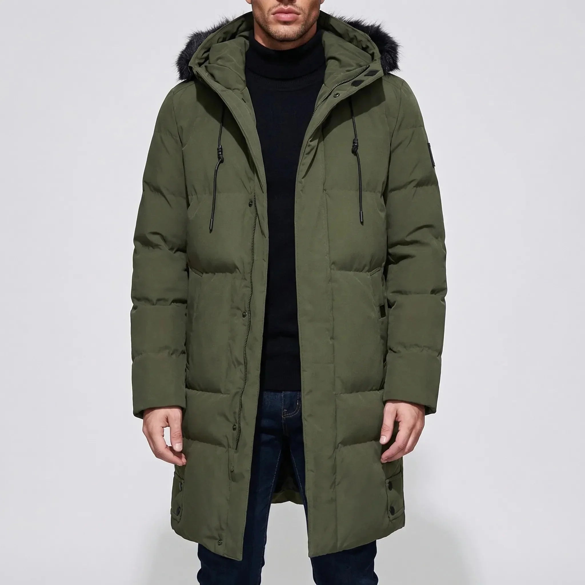 Cozy Long Puffer Jacket for Men with Faux Fur Hood Long Sleeve Zip Up Quilted Longline Style