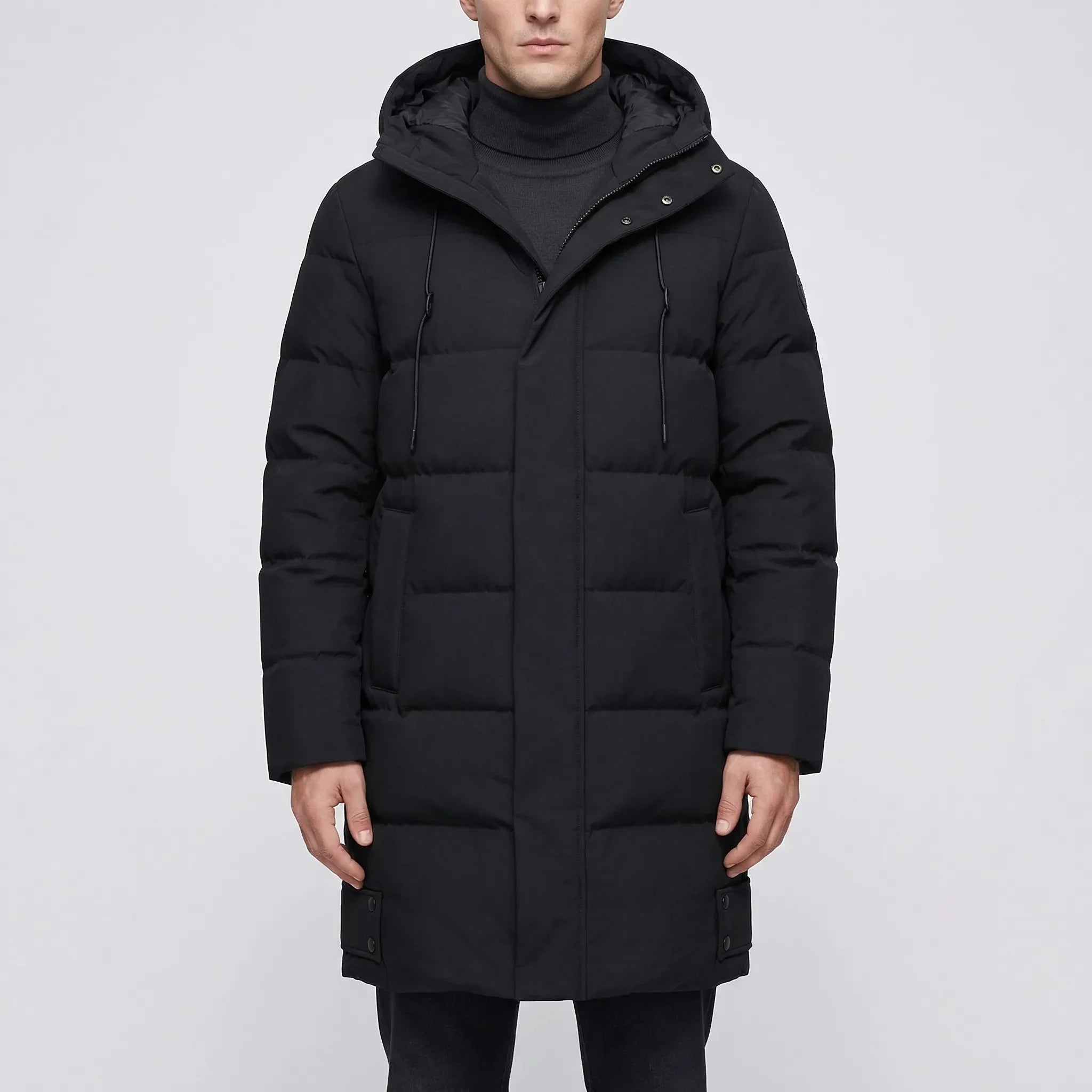 Cozy Long Puffer Jacket for Men with Faux Fur Hood Long Sleeve Zip Up Quilted Longline Style