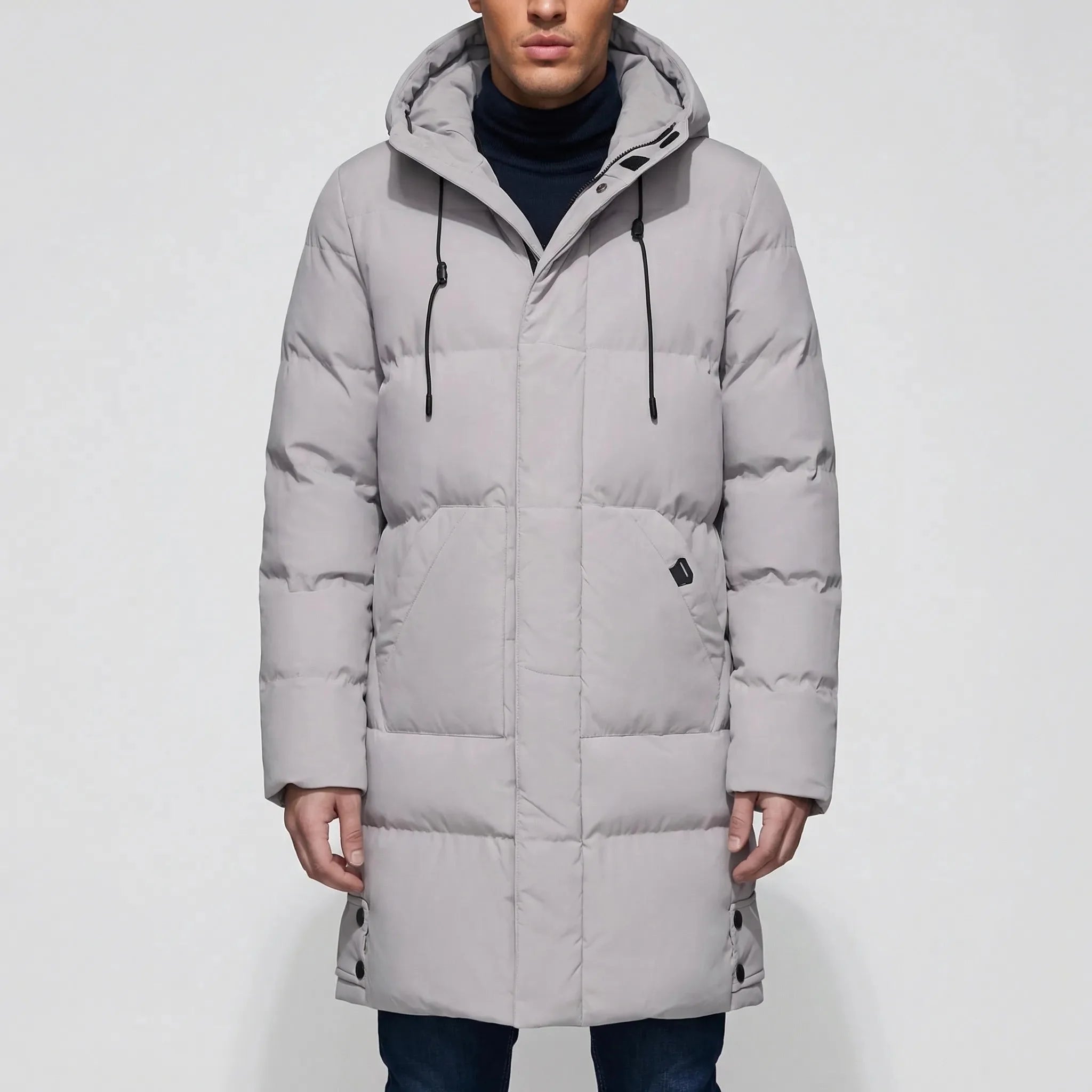 Cozy Long Puffer Jacket for Men with Faux Fur Hood Long Sleeve Zip Up Quilted Longline Style