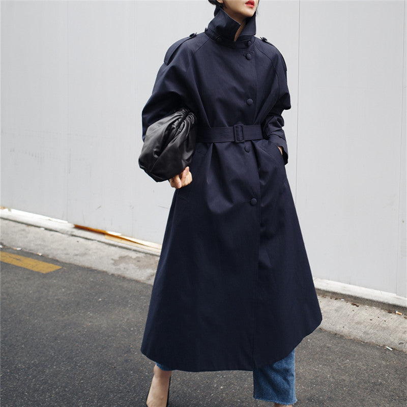 Elegant Long Trench Coat for Women with High Stand Collar Long Sleeve Belted Maxi Style