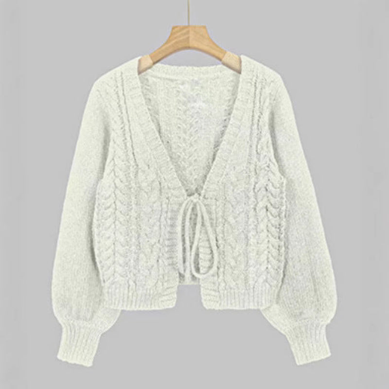 Cozy Chunky Cable Knit Cardigan for Women with V Neck Long Sleeve Tie Front Cropped Style