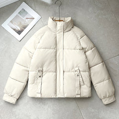 Cozy Puffer Jacket for Women with High Stand Collar Long Sleeve Zip Up Padded Short Style