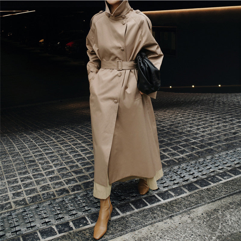 Elegant Long Trench Coat for Women with High Stand Collar Long Sleeve Belted Maxi Style