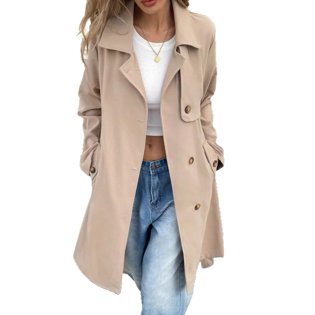 Cozy Khaki Trench Coat for Women with Notched Lapel Long Sleeve Double Breasted Cropped Style