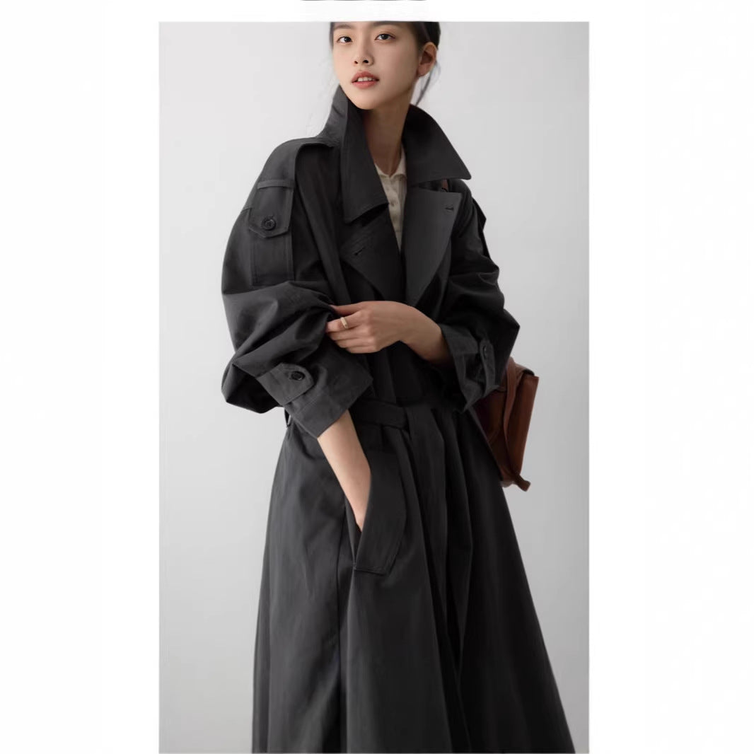 Effortless Oversized Trench Coat for Women with Notched Lapel Long Sleeve Belted Maxi Length Style