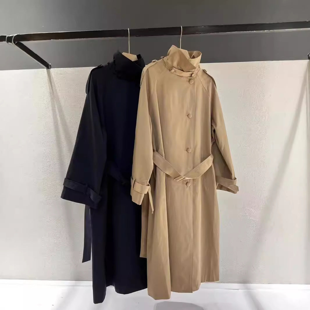 Elegant Long Trench Coat for Women with High Stand Collar Long Sleeve Belted Maxi Style