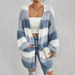 Cozy Fuzzy Knit Cardigan for Women with Open Front Long Sleeve Striped Oversized Style