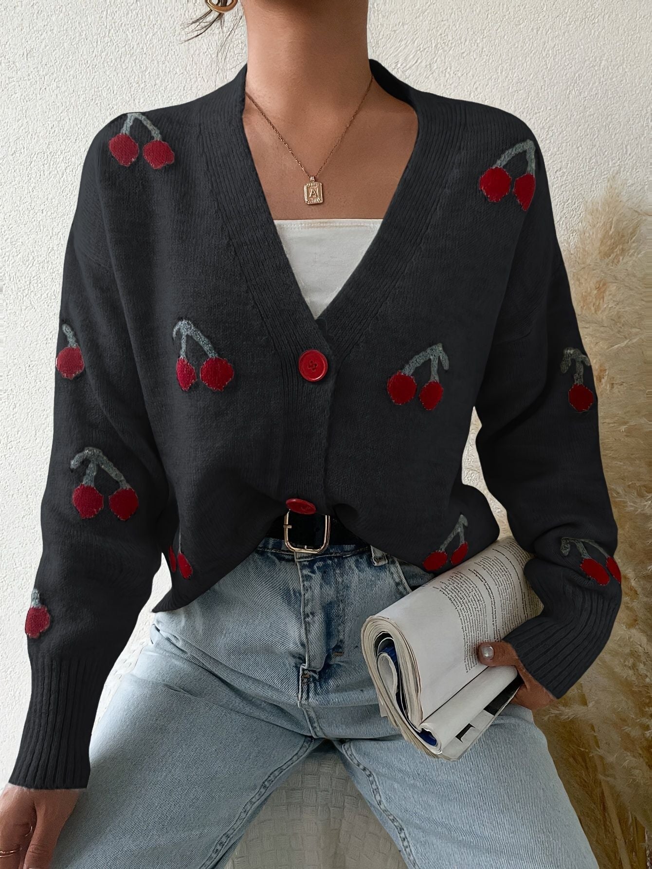 Cozy Knit Cardigan for Women with V Neck Long Sleeve Cherry Print Button Front Style