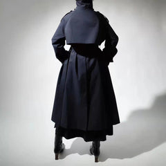 Elegant Long Trench Coat for Women with High Stand Collar Long Sleeve Belted Maxi Style
