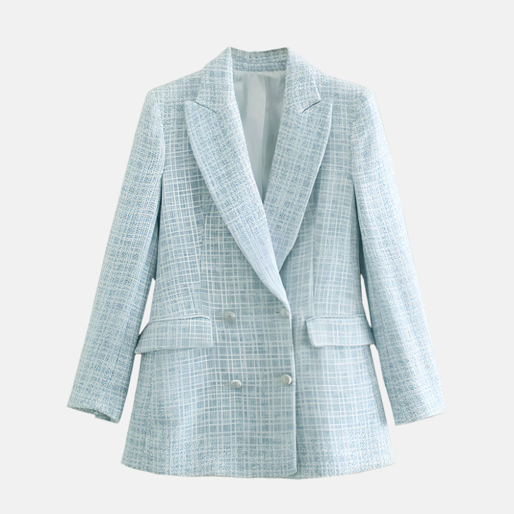 Elegant Tweed Blazer Jacket for Women with Peak Lapel Long Sleeve Double Breasted Fitted Style