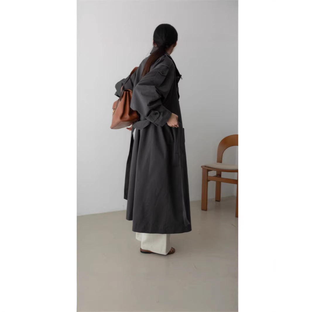 Effortless Oversized Trench Coat for Women with Notched Lapel Long Sleeve Belted Maxi Length Style