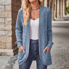 Cozy Knit Cardigan for Women with Open Front Long Sleeve Ribbed Pocket Relaxed Style