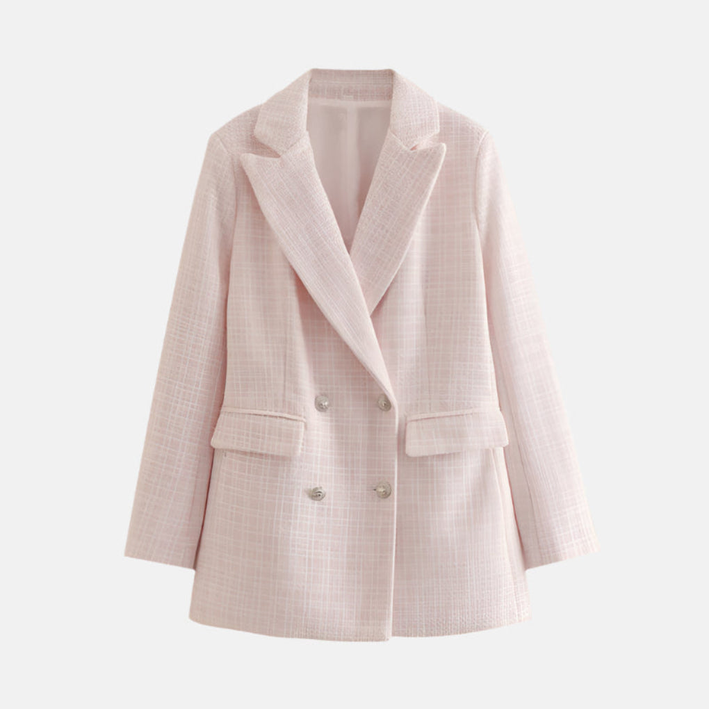 Elegant Tweed Blazer Jacket for Women with Peak Lapel Long Sleeve Double Breasted Fitted Style