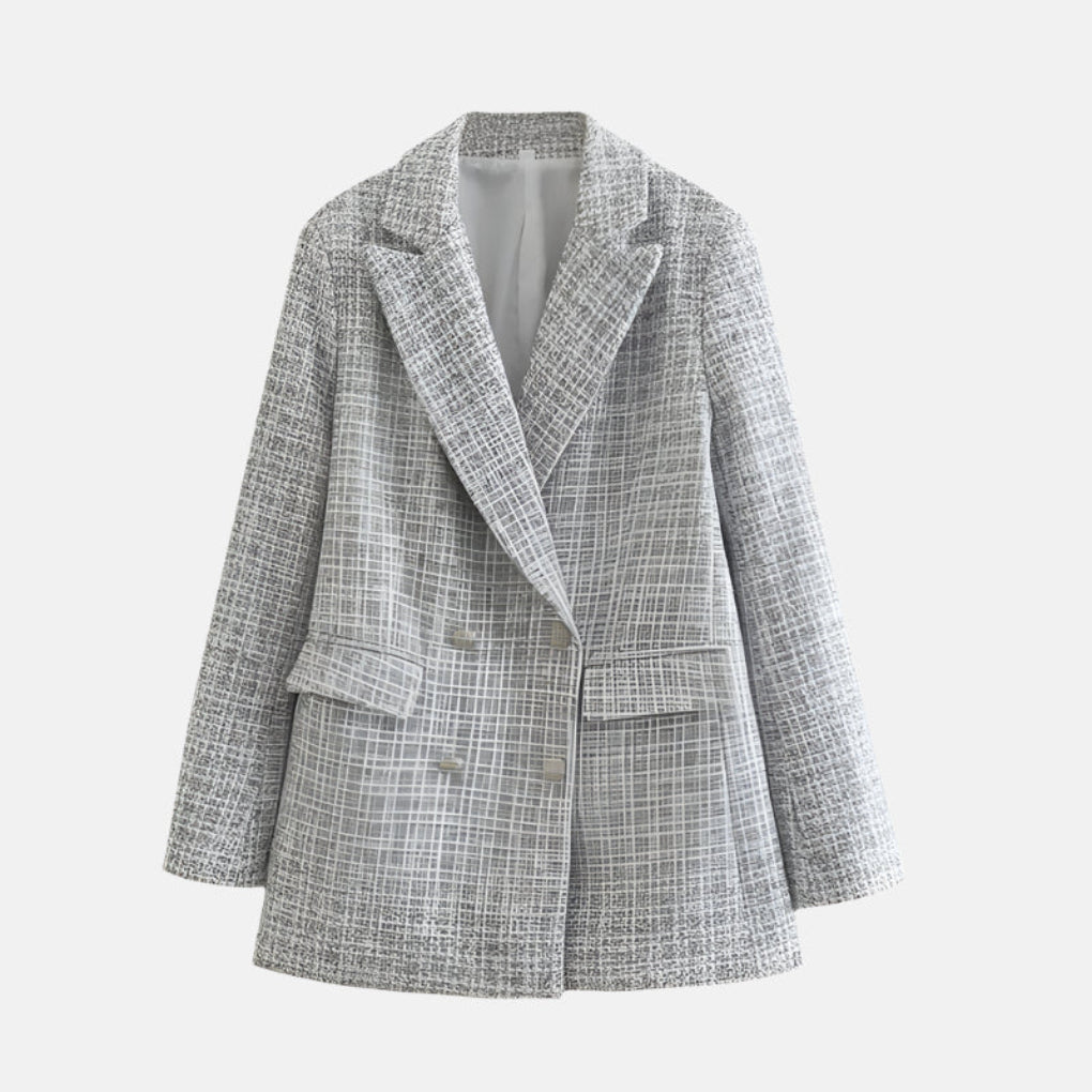 Elegant Tweed Blazer Jacket for Women with Peak Lapel Long Sleeve Double Breasted Fitted Style