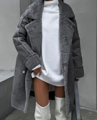 Cozy Faux Fur Coat for Women with Notched Lapel Long Sleeve Double Breasted Shearling Style