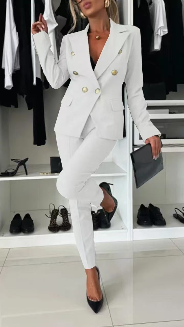 Elegant Blazer Flared Pants Set for Women with Notched Lapel Long Sleeve Double Breasted Suit Style