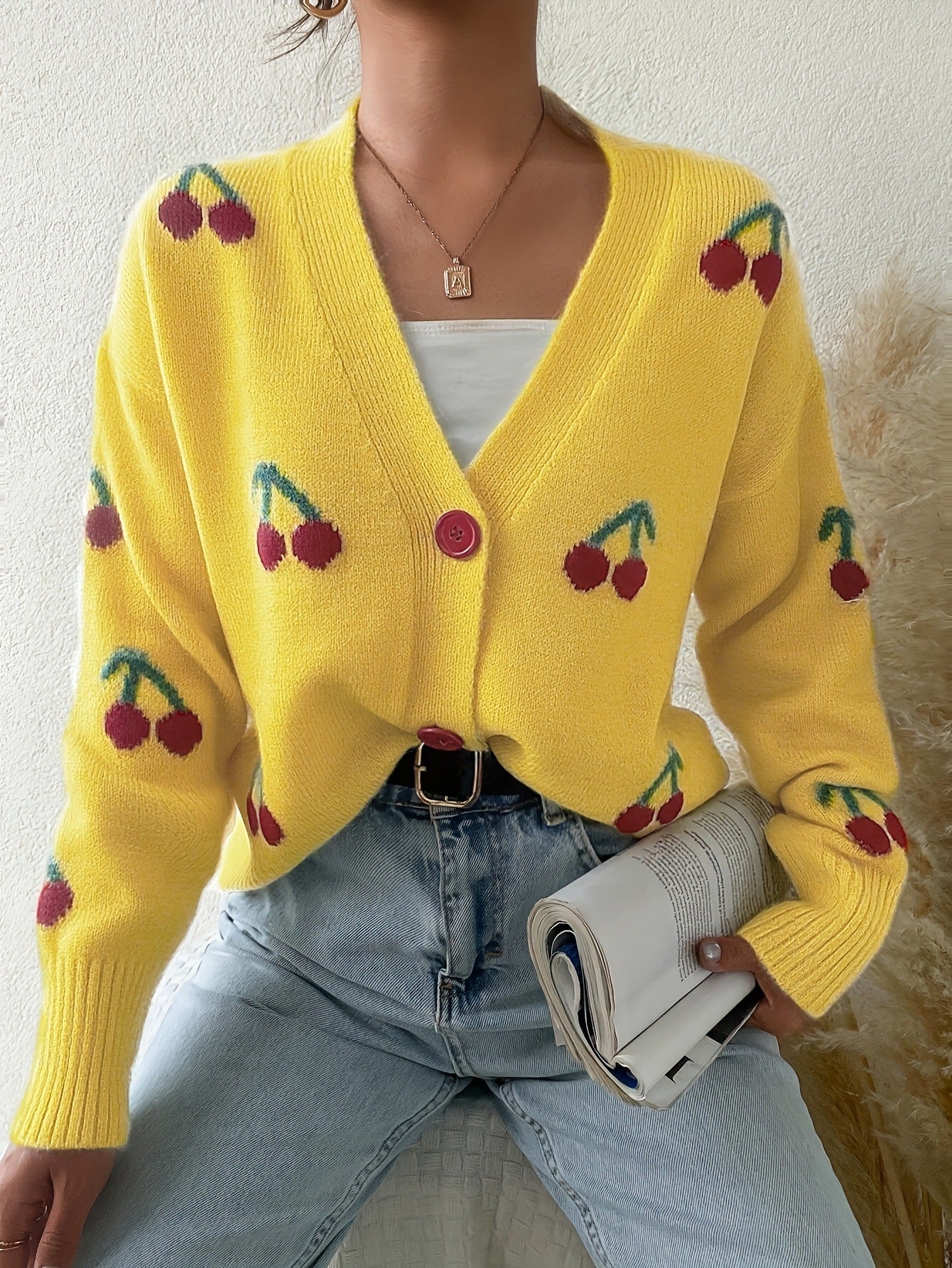 Cozy Knit Cardigan for Women with V Neck Long Sleeve Cherry Print Button Front Style