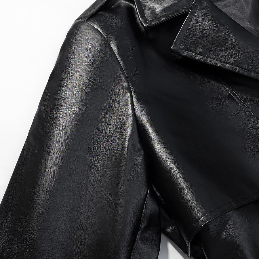 Elegant Black Faux Leather Trench Coat for Women with Notched Lapel Long Sleeve Belted Epaulette Maxi Style