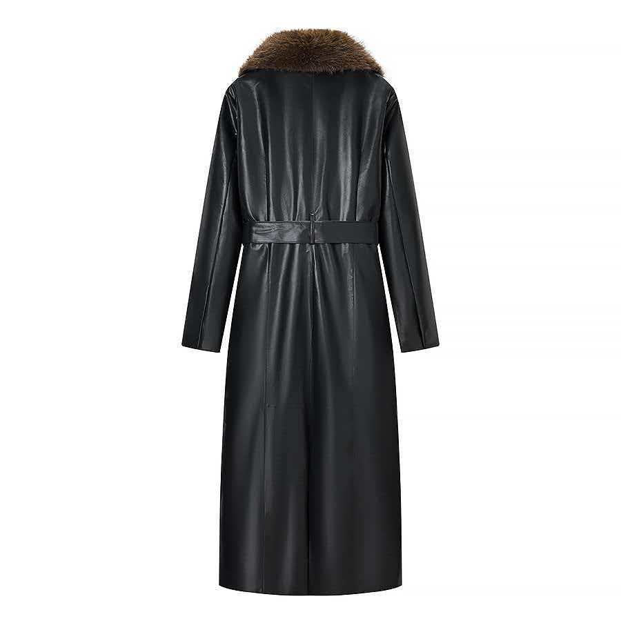Elegant Black Faux Leather Maxi Coat for Women with Faux Fur Collar Long Sleeve Tie Belt Removable Style