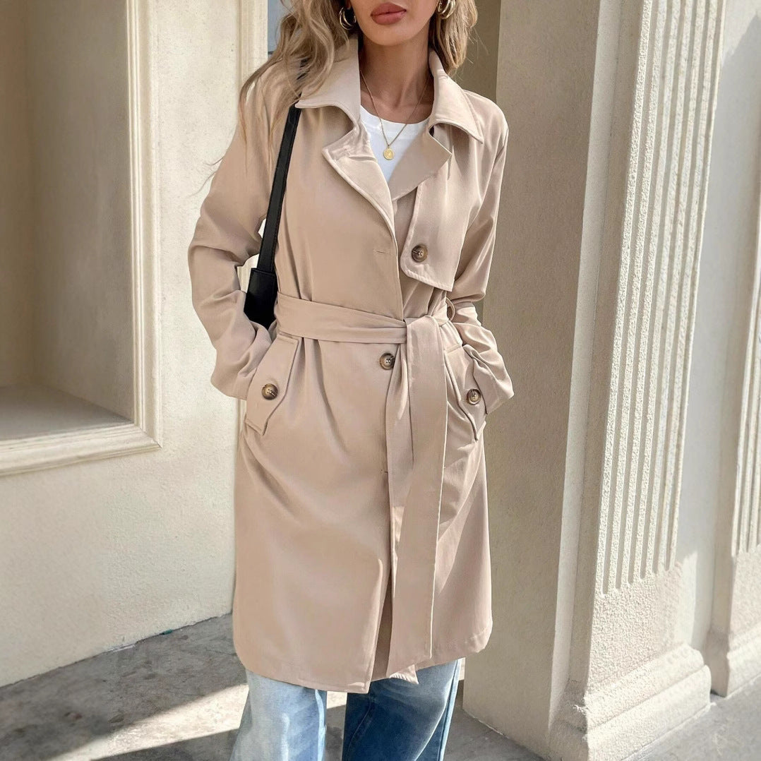 Cozy Khaki Trench Coat for Women with Notched Lapel Long Sleeve Double Breasted Cropped Style