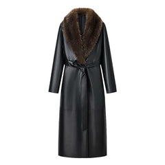 Elegant Black Faux Leather Maxi Coat for Women with Faux Fur Collar Long Sleeve Tie Belt Removable Style