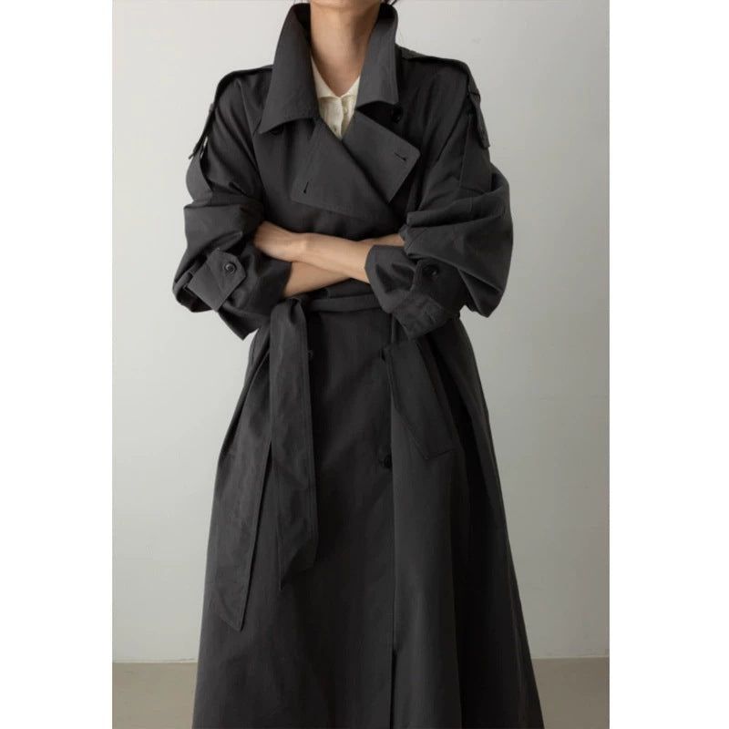 Effortless Oversized Trench Coat for Women with Notched Lapel Long Sleeve Belted Maxi Length Style
