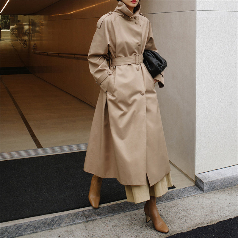 Classic Long Winter Trench Coat for Women with Stand Collar Long Sleeve Belted Overcoat Style