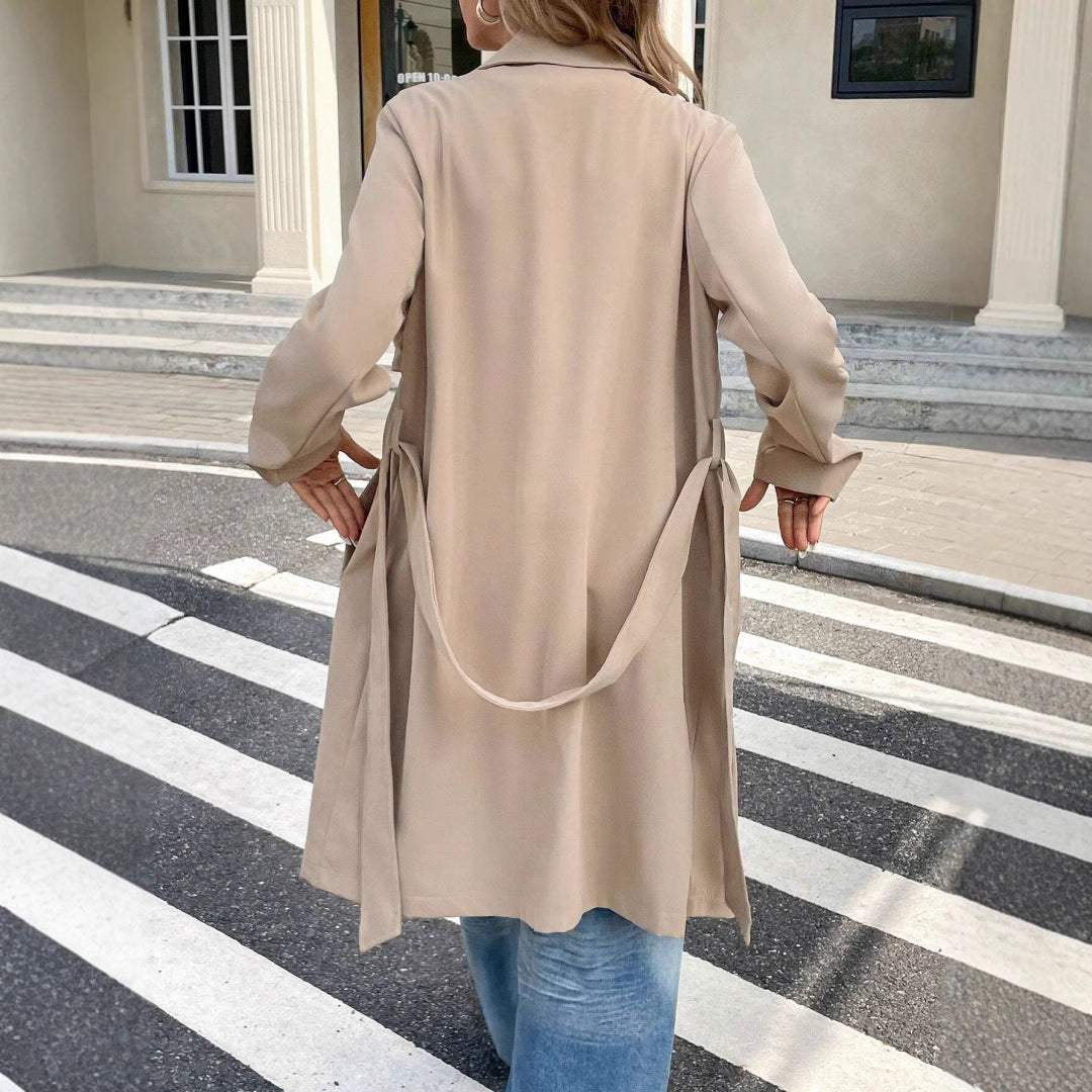Cozy Khaki Trench Coat for Women with Notched Lapel Long Sleeve Double Breasted Cropped Style