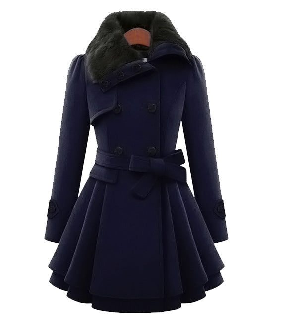 Elegant Winter Trench Coat for Women with Faux Fur Collar Long Sleeve Double Breasted Belted Peplum Style