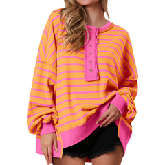 Cozy Oversized Sweatshirt for Women with Button Neck Long Sleeve Striped Relaxed Style