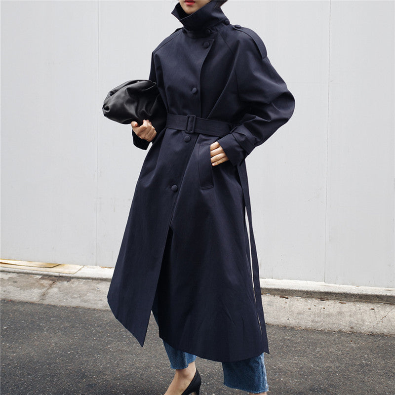 Classic Long Winter Trench Coat for Women with Stand Collar Long Sleeve Belted Overcoat Style