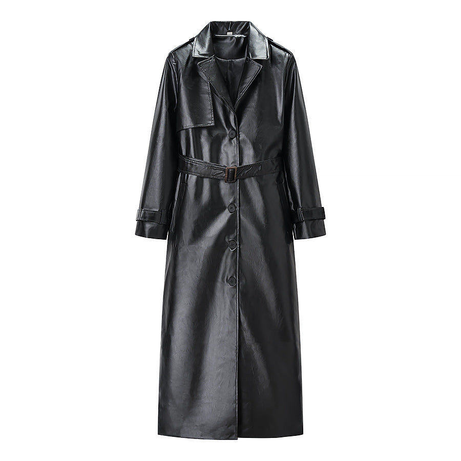 Elegant Black Faux Leather Trench Coat for Women with Notched Lapel Long Sleeve Belted Epaulette Maxi Style