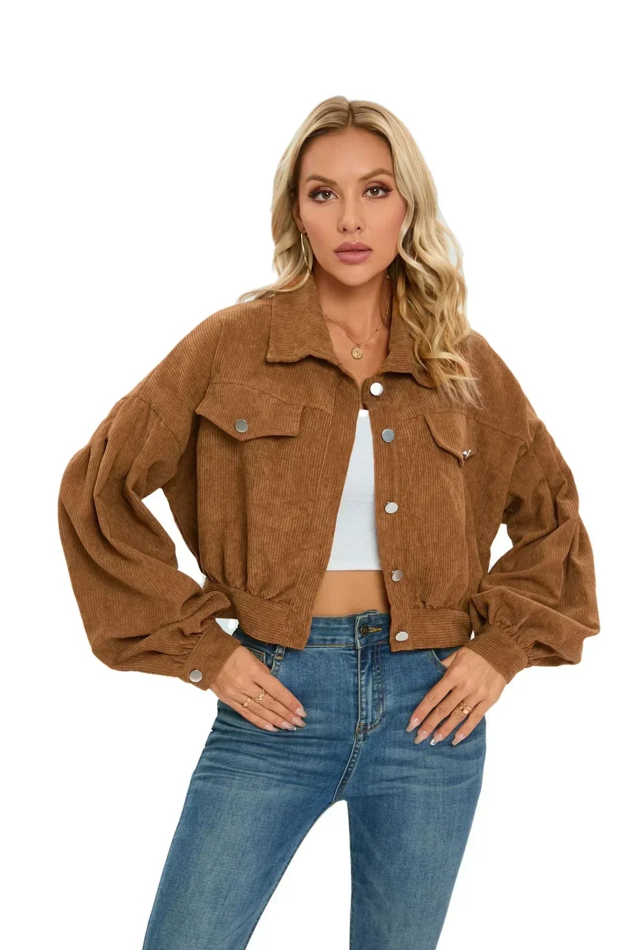 Effortless Corduroy Jacket for Women with Spread Collar Long Sleeve Cropped Button Front Style