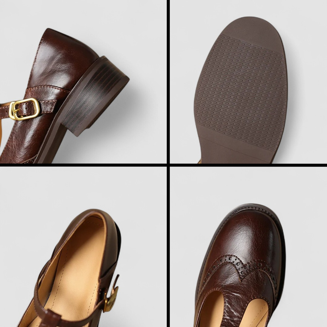 Chic Leather T-Strap Brogue Mary Jane Flats for Women with Buckle Round Toe Low Block Heel Style