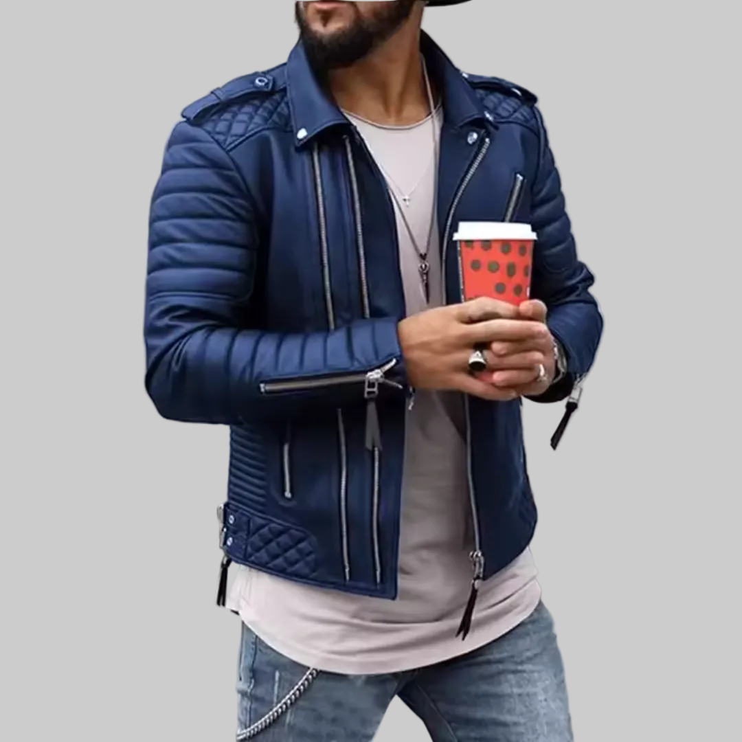 Edgy Leather Jacket for Men with Notch Lapel Long Sleeve Asymmetric Zip Quilted Moto Style
