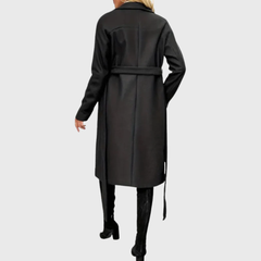 Elegant Black Trench Coat for Women with Lapel Collar Long Sleeve Belted Double Breasted Longline Style
