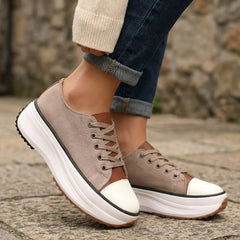 Stylish Platform Sneakers for Women with Round Toe Lace Up Canvas Cap Toe Flatform Style