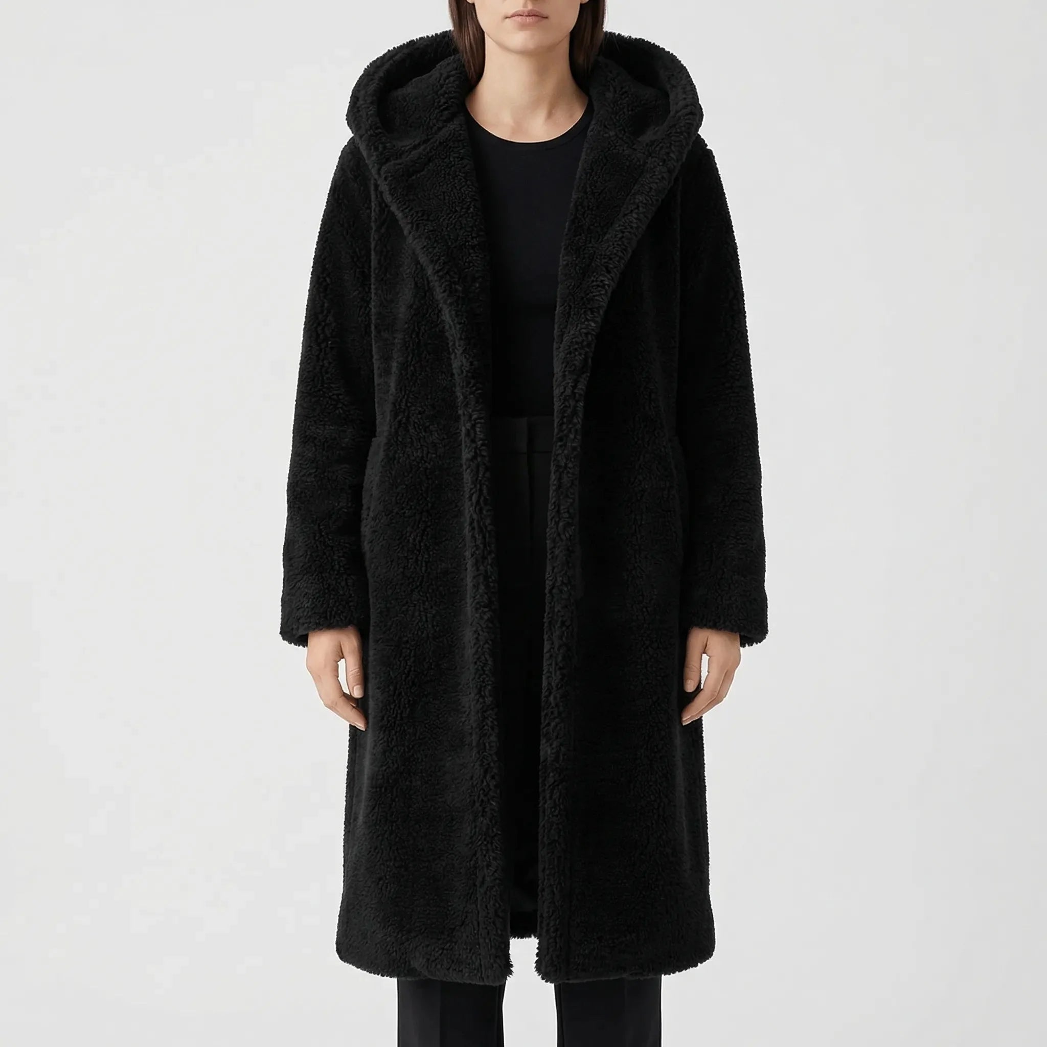Cozy Teddy Coat for Women with Hooded Collar Long Sleeve Button Front Faux Fur Longline Style