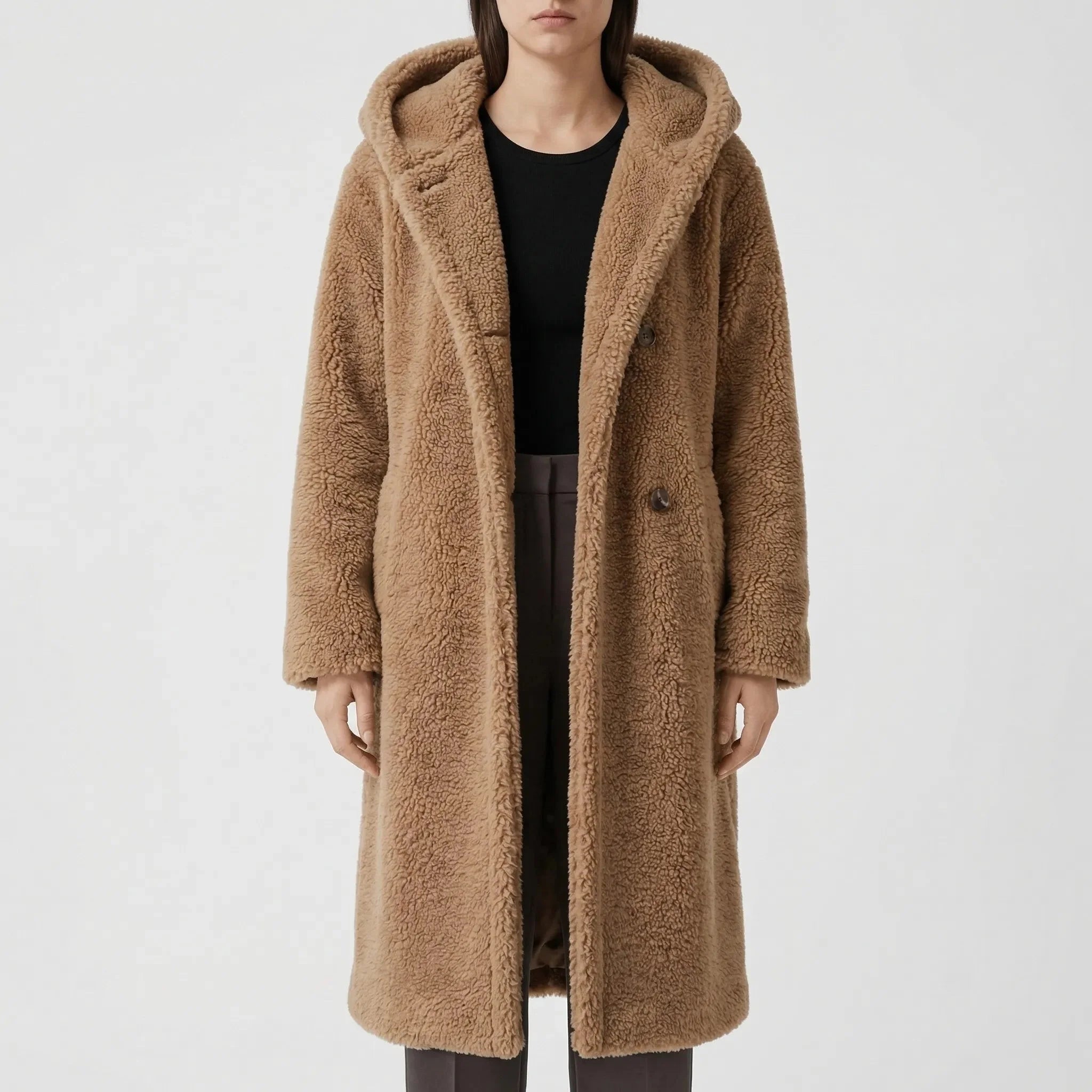 Cozy Teddy Coat for Women with Hooded Collar Long Sleeve Button Front Faux Fur Longline Style