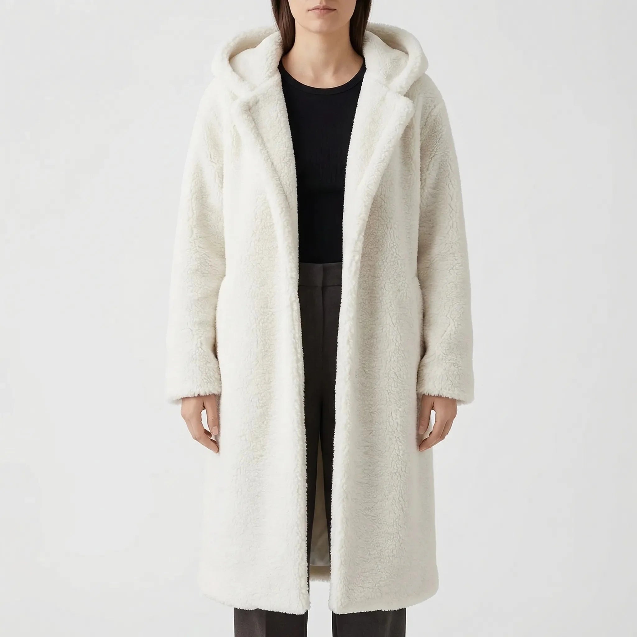 Cozy Teddy Coat for Women with Hooded Collar Long Sleeve Button Front Faux Fur Longline Style