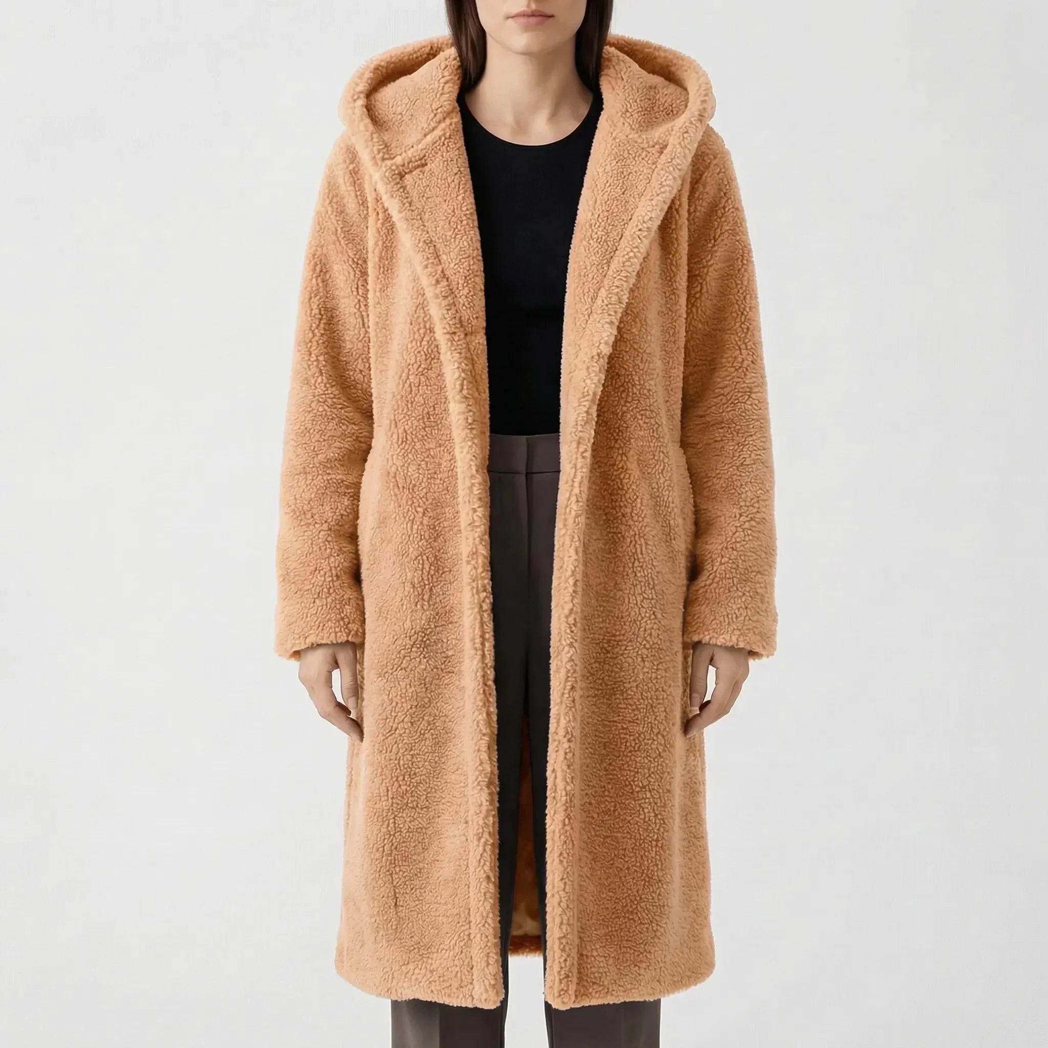 Cozy Teddy Coat for Women with Hooded Collar Long Sleeve Button Front Faux Fur Longline Style