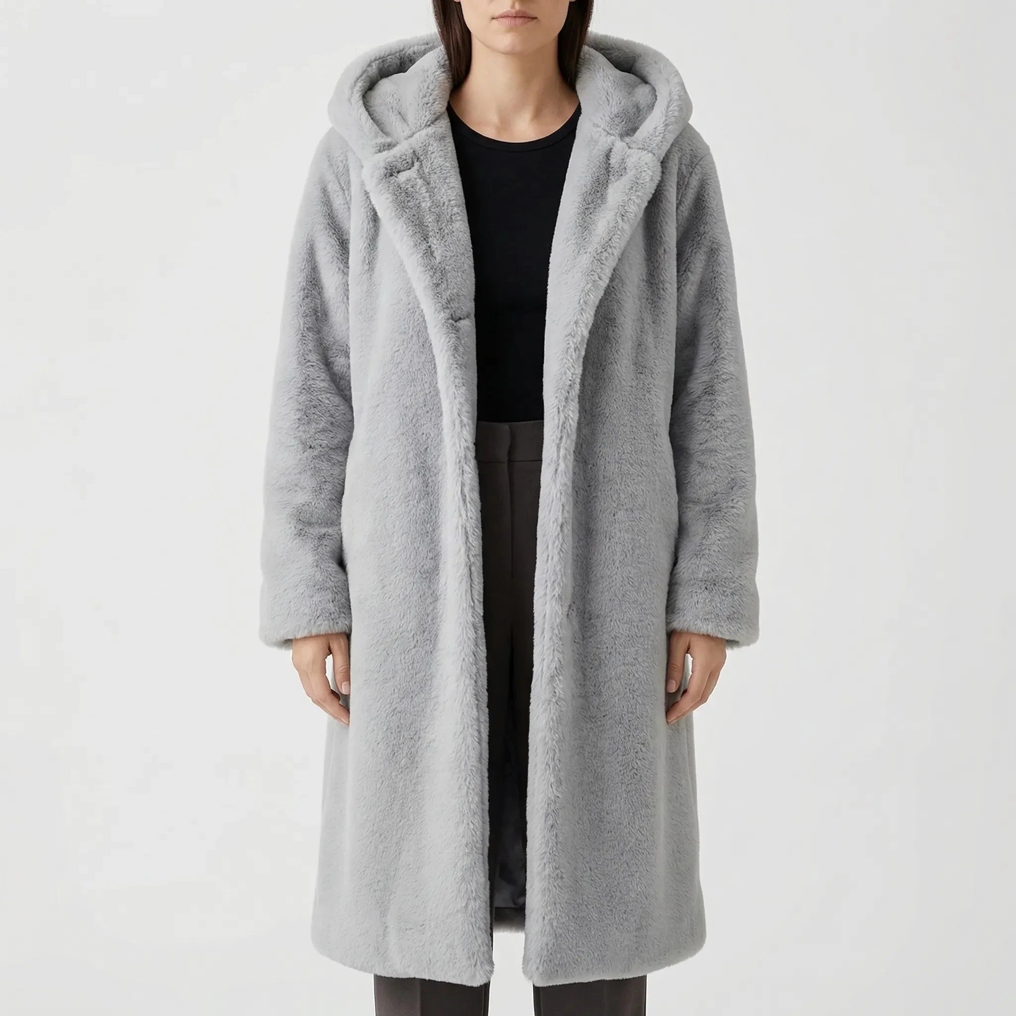 Cozy Teddy Coat for Women with Hooded Collar Long Sleeve Button Front Faux Fur Longline Style