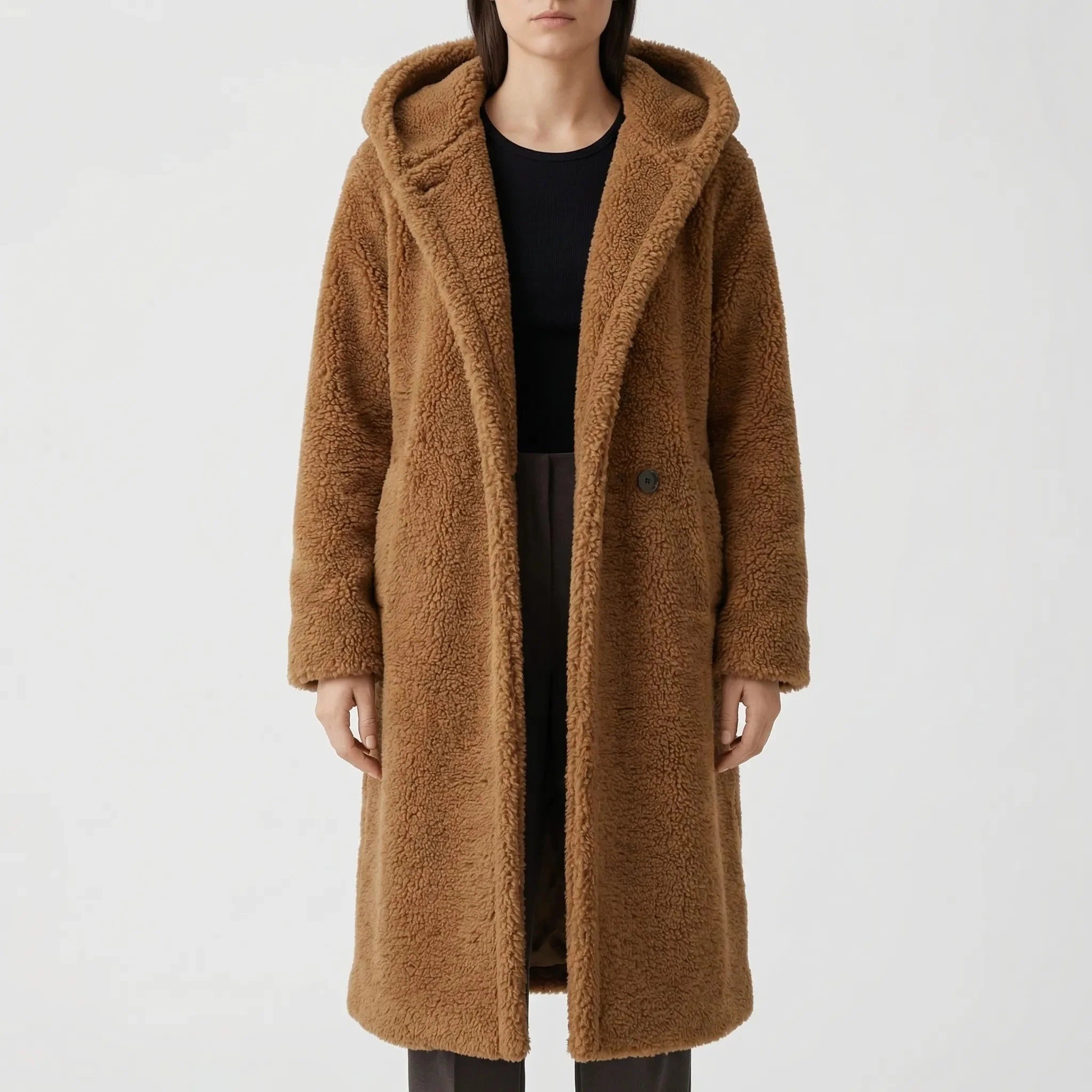 Cozy Teddy Coat for Women with Hooded Collar Long Sleeve Button Front Faux Fur Longline Style