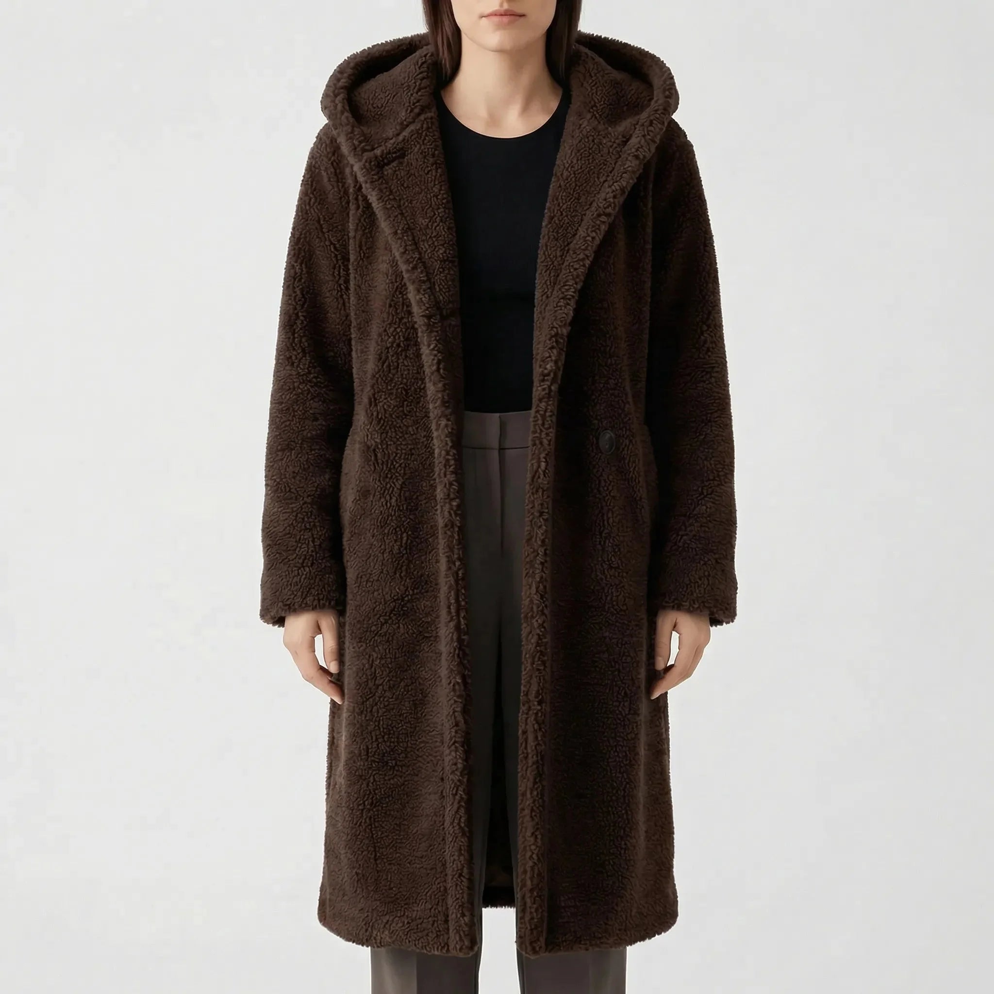 Cozy Teddy Coat for Women with Hooded Collar Long Sleeve Button Front Faux Fur Longline Style